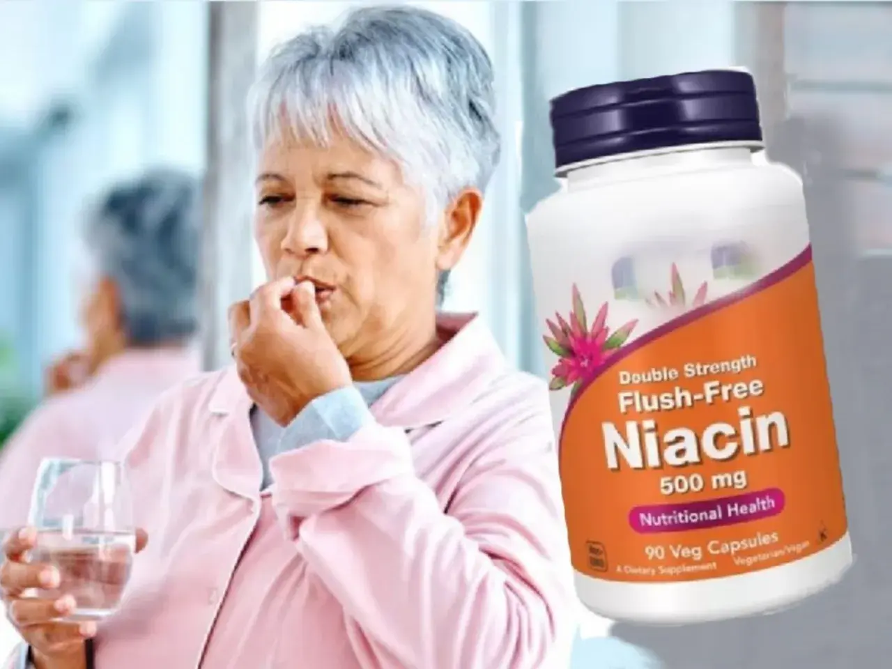 Mujer mayor toma una pastilla de niacina, que es vitamina B3 para que sirve en la salud.