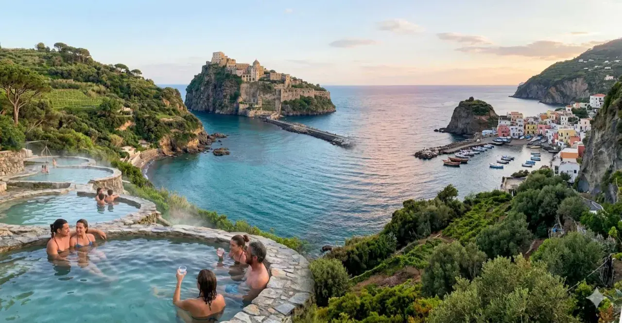 Coppie rilassate in piscine termali con vista sul mare e sul castello, un'immagine perfetta per il turismo a Ischia.
