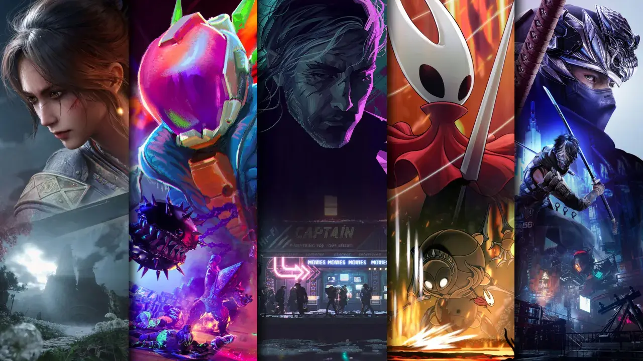 Kolaż postaci z gier: wojowniczka, cyborg, mężczyzna, Hornet, ninja.