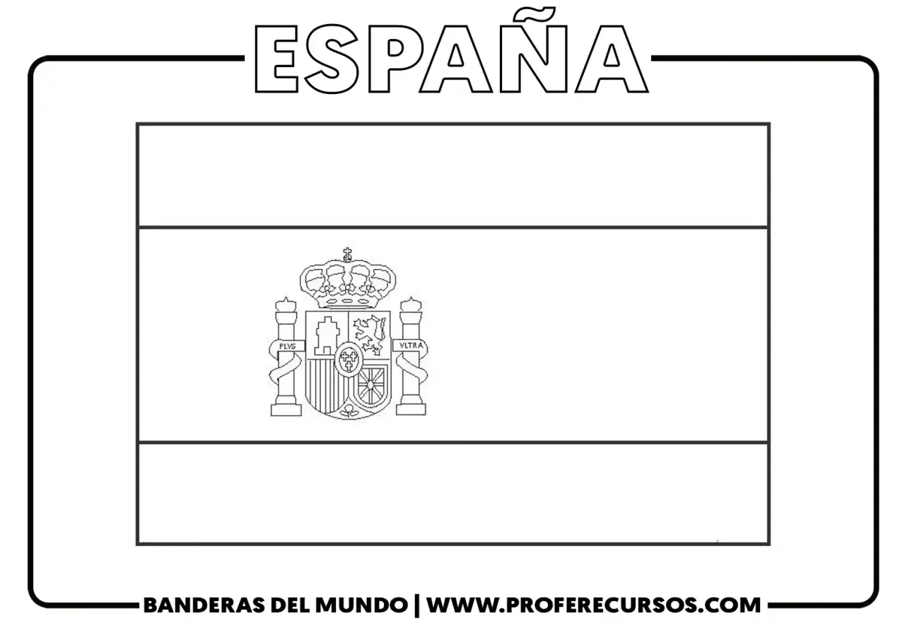Bandera de España para colorear con el escudo en blanco y negro.