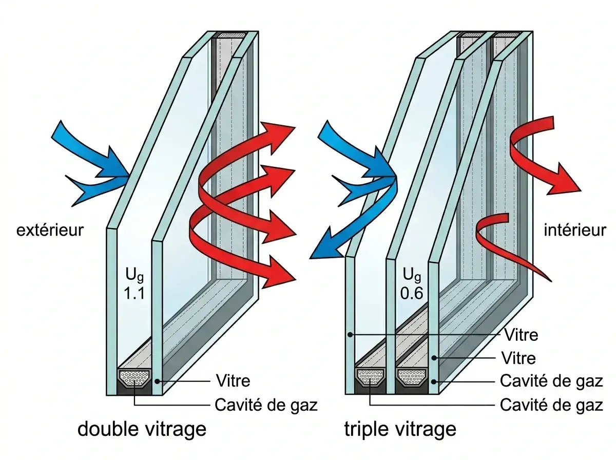 Comparaison double/triple vitrage : le triple vitrage, malgré son avantage thermique (Ug 0.6 vs 1.1), peut présenter un inconvénient de poids et de coût.