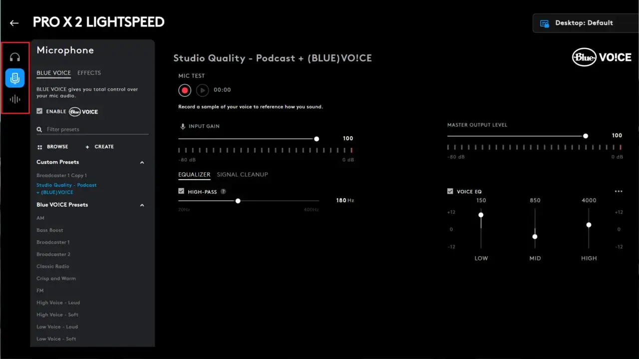 Logitech G HUB: Mikrofon-Einstellungen mit Blue VO!CE für Studioqualität. EQ, Gain und Effekte anpassen.