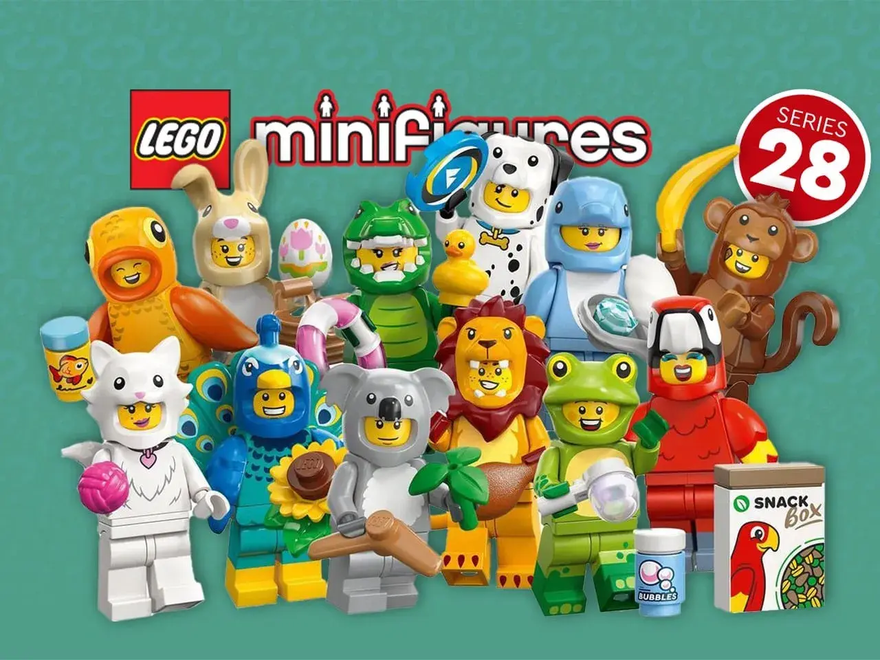Lego Minifiguren Serie 28: Eine bunte Truppe von Tierfiguren, darunter ein Hund, ein Affe, ein Löwe und ein Frosch, bereit für Abenteuer.