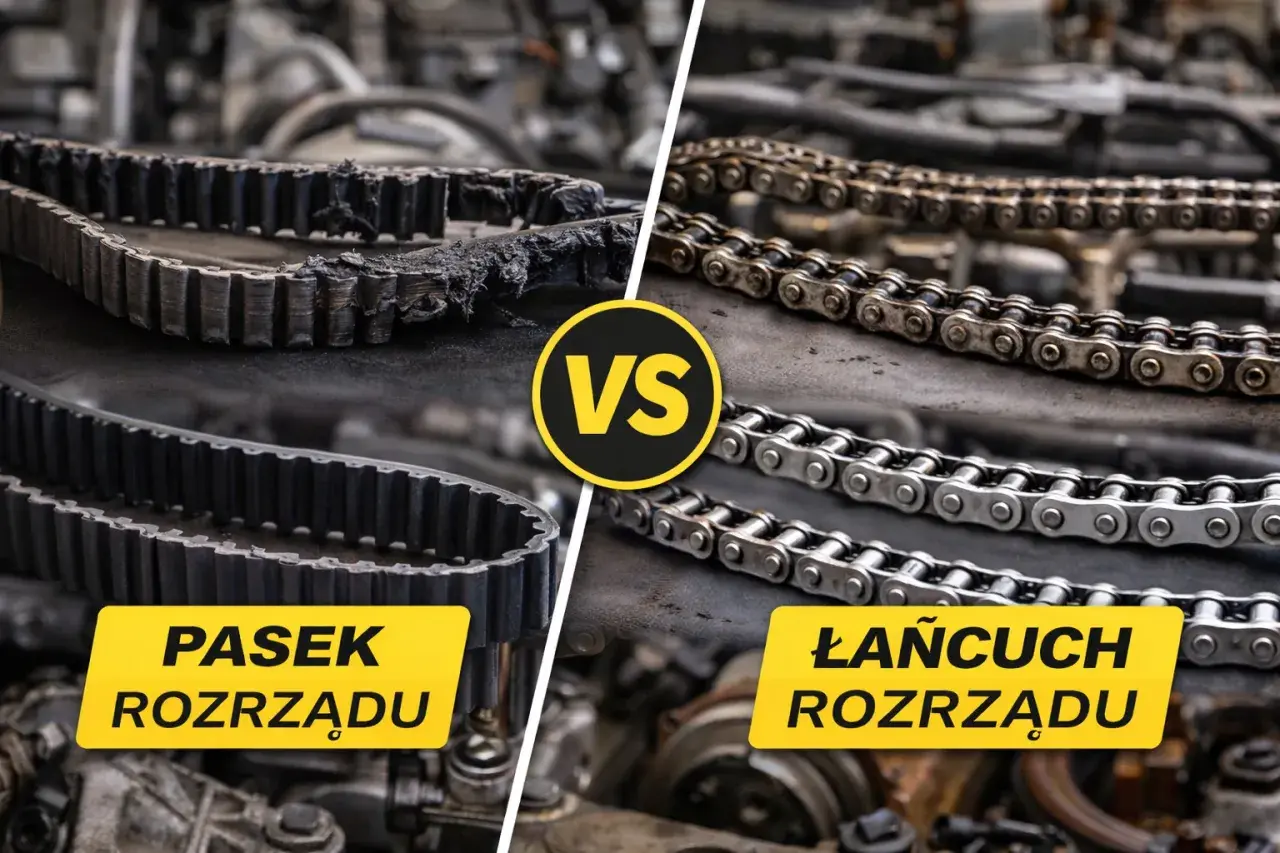Pasek rozrządu vs łańcuch rozrządu. Widok z bliska na zużyty i nowy pasek rozrządu obok dwóch łańcuchów rozrządu.