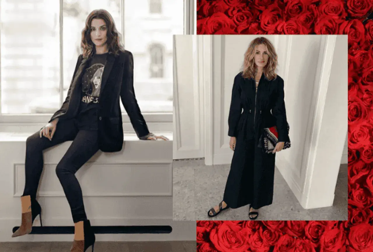 Eleganckie stylizacje dla kobiet po 45 roku życia: czarny garnitur i sukienka maxi. Inspiracje modowe.