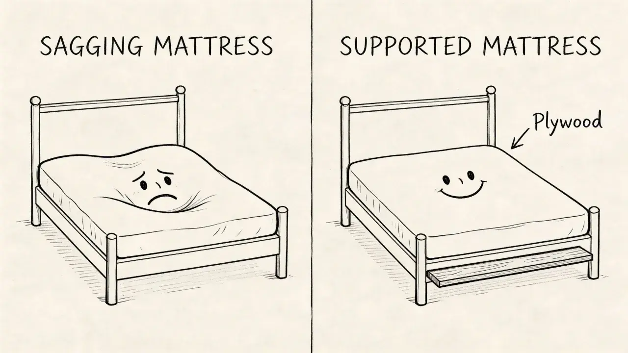A sad, sagging mattress versus a happy, supported mattress. Does putting a board under mattress help? Yes, it provides support!