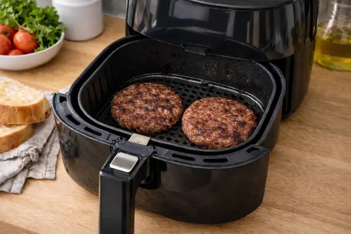 Due hamburger succulenti cuociono nella friggitrice ad aria, pronti per essere serviti con pane tostato e insalata.
