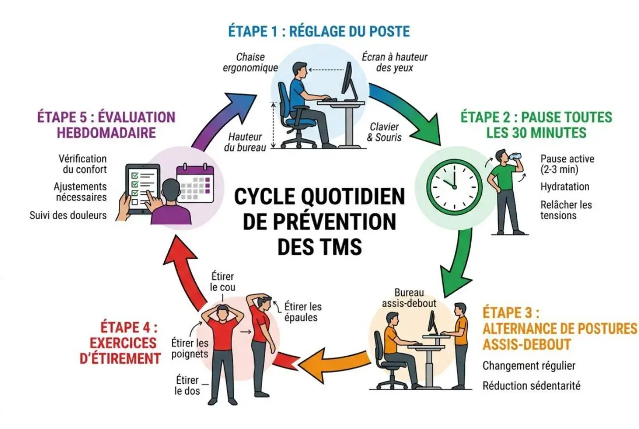 Cycle de prévention des TMS : réglage du poste, pauses, alternance assis-debout, étirements et évaluation pour une ergonomie mobile optimale.