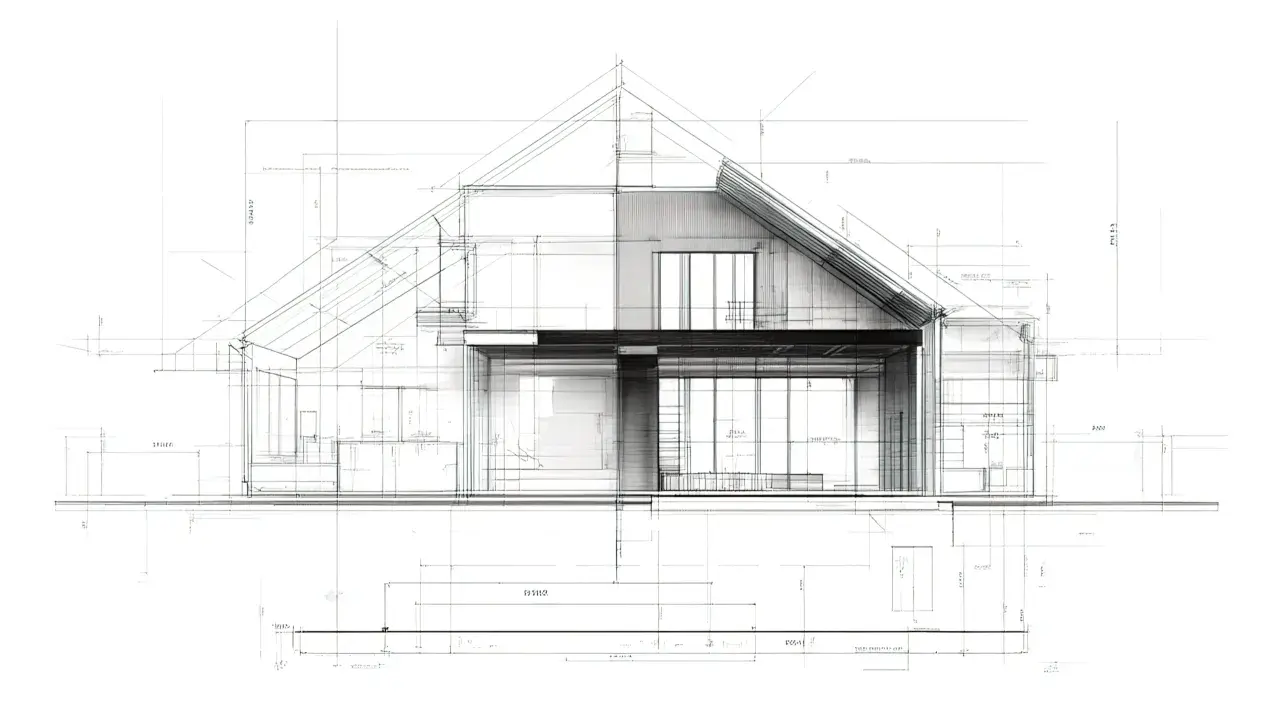 Szkic architektoniczny przedstawiający przekrój domu z widoczną elewacją frontową, wymiarami i detalami konstrukcyjnymi.