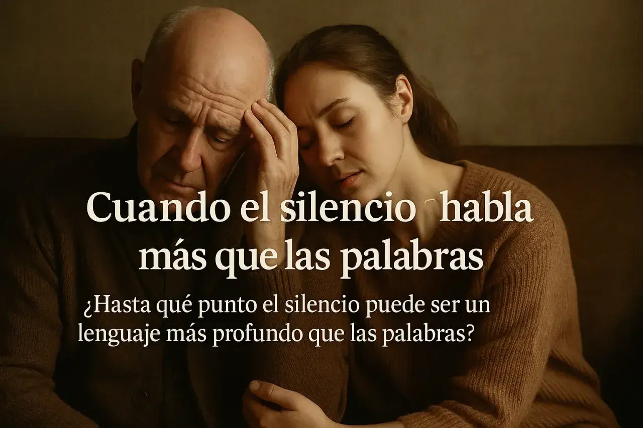 Un hombre y una mujer en silencio, con expresiones de profunda reflexión. El texto dice: "Cuando el silencio habla más que las palabras". Son indirectas frases de silencio que dicen mucho.