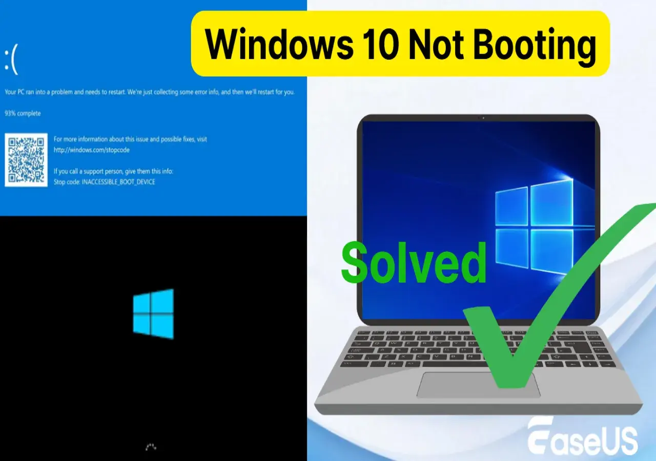 Niebieski ekran błędu Windows 10 z komunikatem "INACCESSIBLE_BOOT_DEVICE" obok laptopa z napisem "Solved" i zielonym zaznaczeniem.