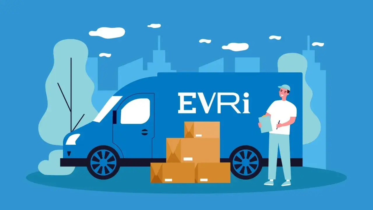 Kurier z notatnikiem obok niebieskiej furgonetki EVRi z paczkami. Szybkie Hermes tracking.