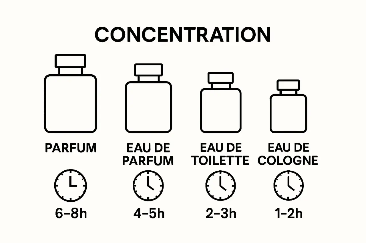 Ilustracja pokazuje stężenia perfum: Parfum (6-8h), Eau de Parfum (4-5h), Eau de Toilette (2-3h), Eau de Cologne (1-2h). Wybierz swój zapach, by poczuć się one million lucky!