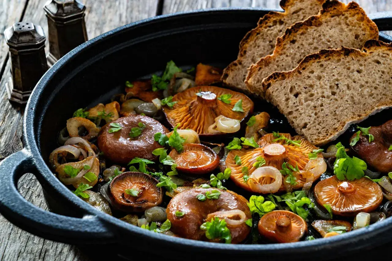 Niscalos salteados con cebolla y pan rústico, una de las mejores niscalos recetas.