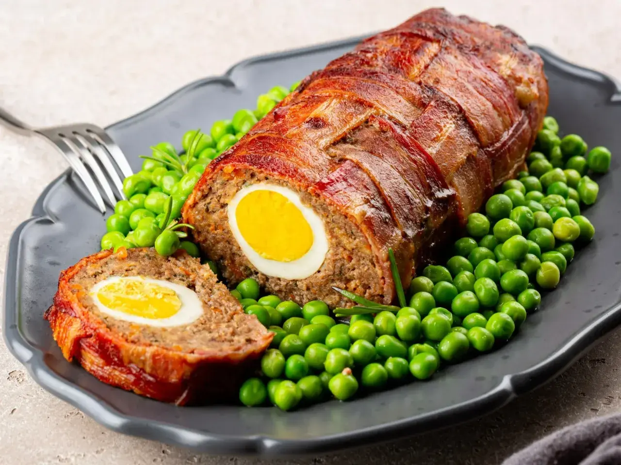 Pyszny klops z jajkiem w środku, owinięty chrupiącym boczkiem, podany z zielonym groszkiem.
