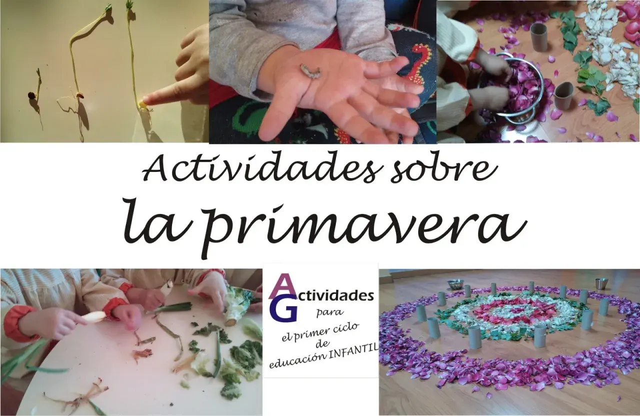 Niños explorando la naturaleza y creando arte con pétalos y hojas. Divertidas actividades primavera para aprender y jugar.
