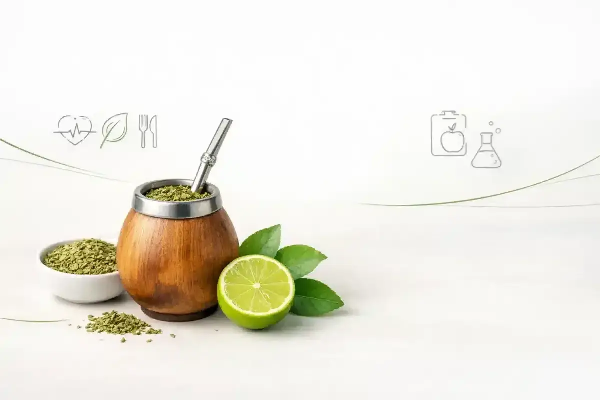 Drewniane naczynie z yerba mate, limonka i liście. Ikony symbolizują zdrowie i naukę, podkreślając zalety picia yerba mate.
