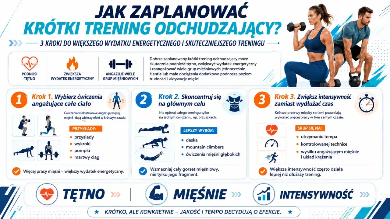 Krótki trening odchudzający: 3 kroki do większego wydatku energetycznego i skuteczniejszego treningu. Wybieraj ćwiczenia angażujące całe ciało, skupiaj się na głównym celu i zwiększaj intensywność.