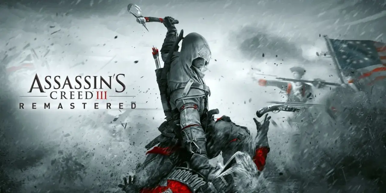 Connor z Assassin's Creed III walczy z żołnierzami podczas burzy. W tle widać amerykańską flagę.