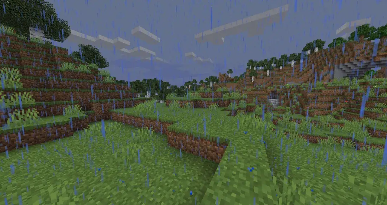 Deszczowy krajobraz w Minecraft. Chcesz wiedzieć, jak zmienić pogodę w MC? Wystarczy wpisać komendę `/weather clear`.