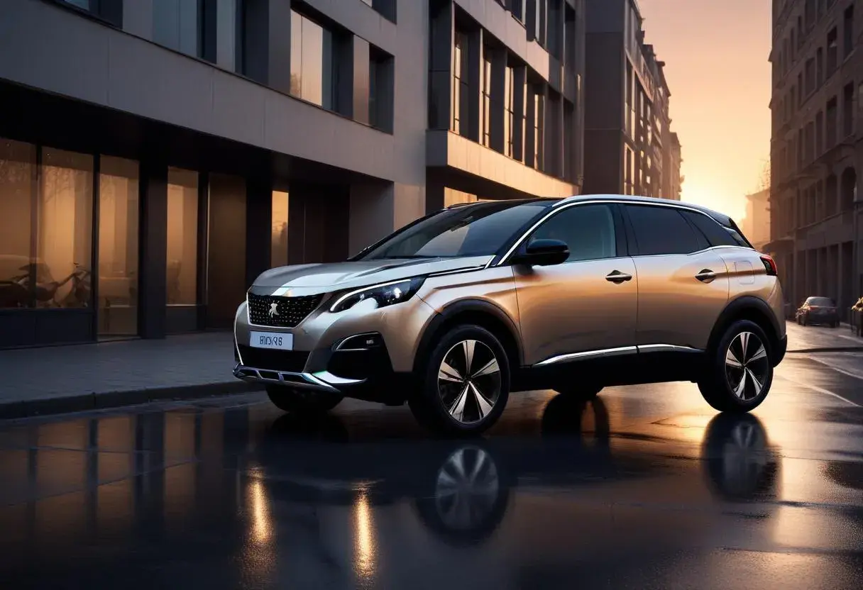 En gyllene Peugeot 3008 SUV står på en våt stadsgata i solnedgången. Denna peugeot 3008 test visar bilens eleganta design.