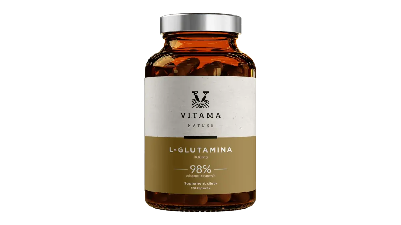 Butelka suplementu diety L-Glutamina 1100mg. Dowiedz się, glutamina co to i jak działa. 120 kapsułek.