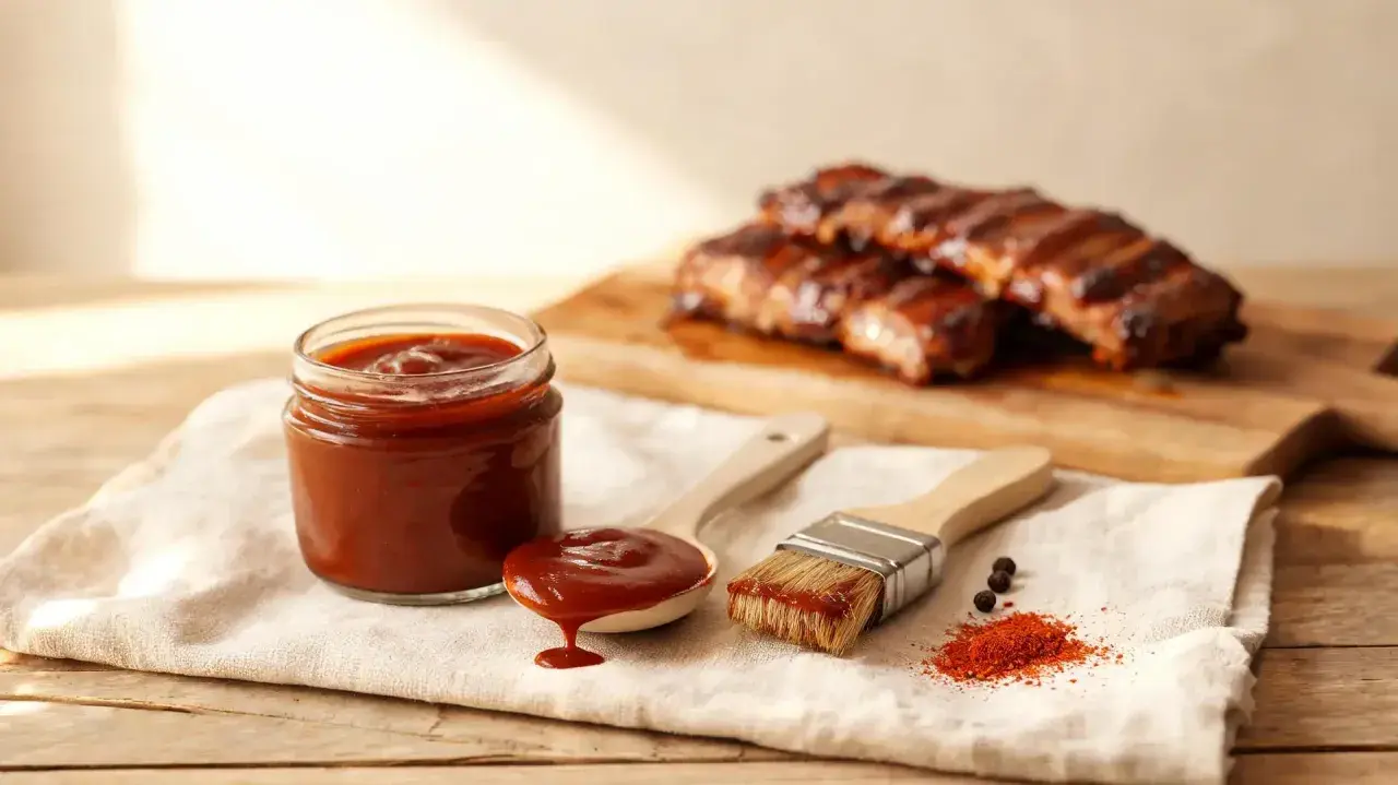 Sauce barbecue maison, prête à être appliquée sur des côtes grillées. Une cuillère déborde de sauce, un pinceau attend.