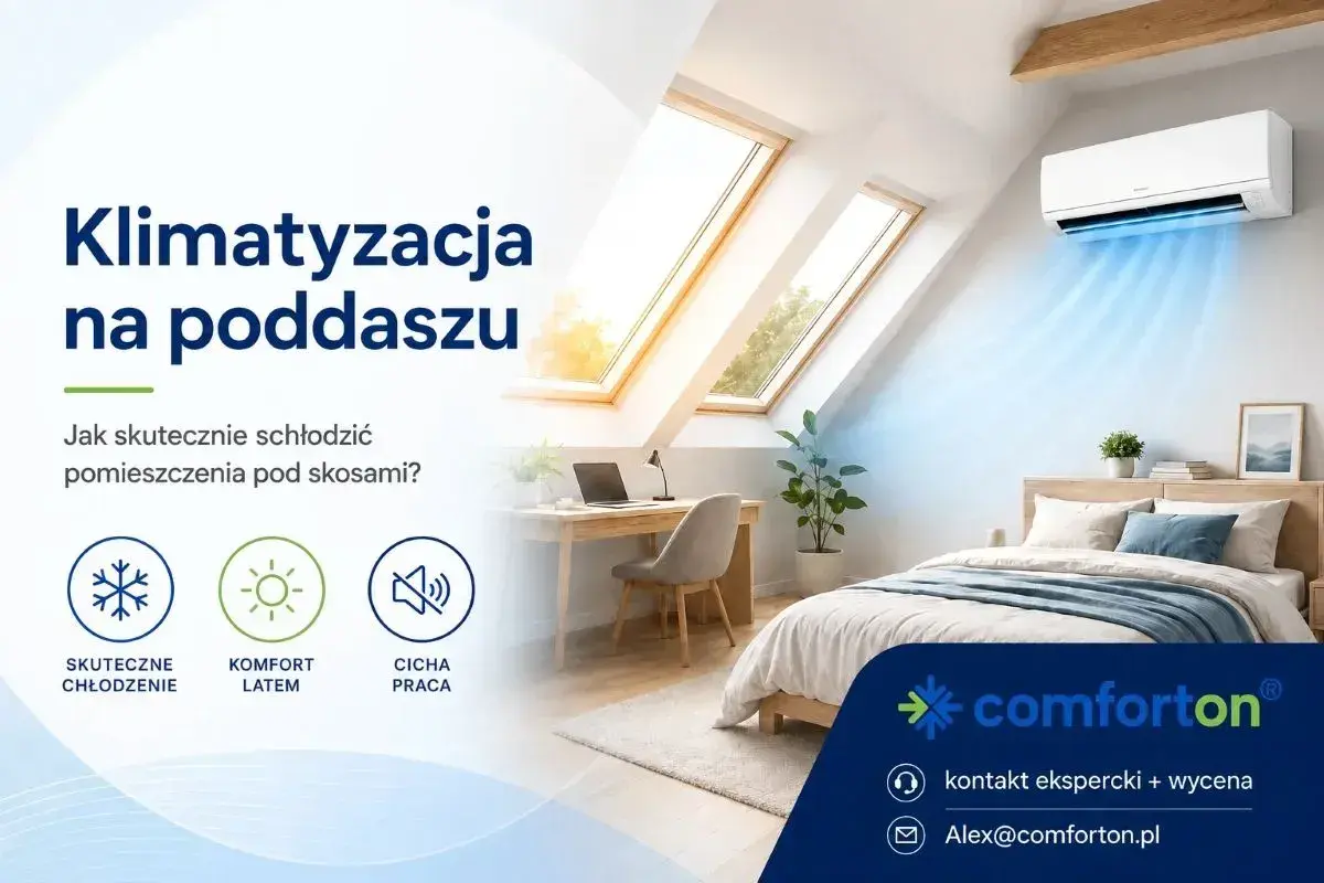 Klimatyzacja na poddaszu zapewnia komfortowy chłód latem. Cicha praca urządzenia nie przeszkadza w odpoczynku.
