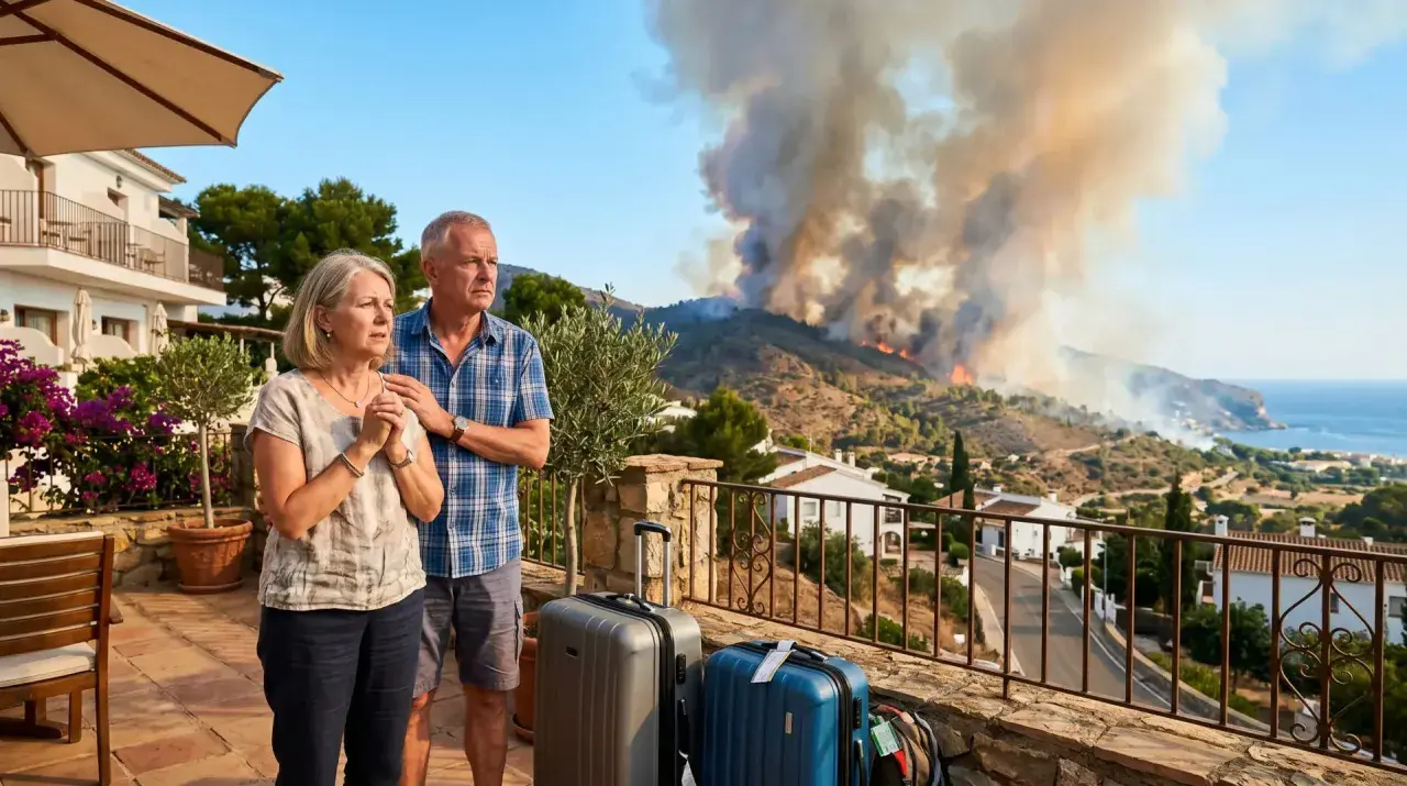 Besorgtes Paar mit Koffern blickt auf Waldbrand. Sie fragen sich, wie lange vor Reiseantritt sie kostenlos stornieren können.