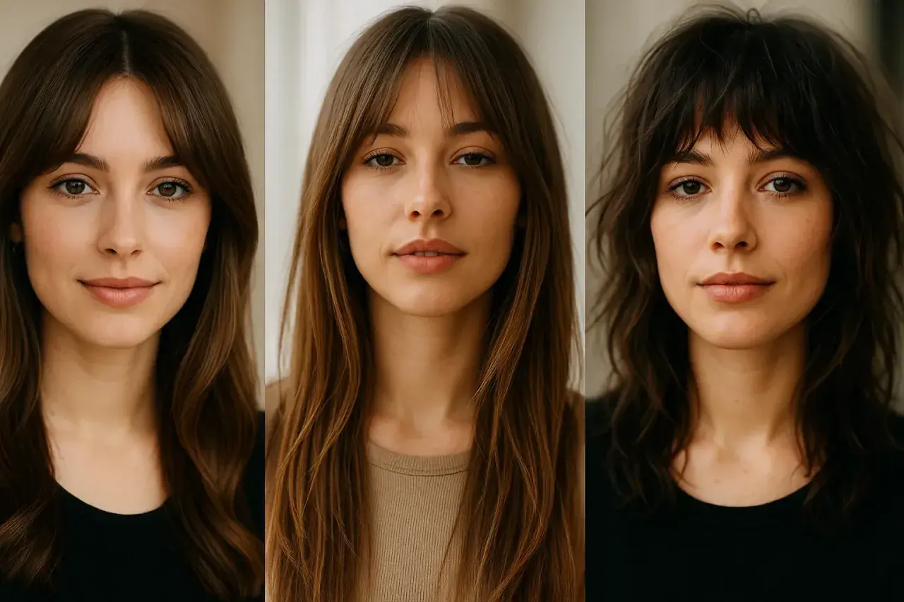 Tres retratos de mujer mostrando diferentes tipos de flequillo: liso, desfilado y con capas.