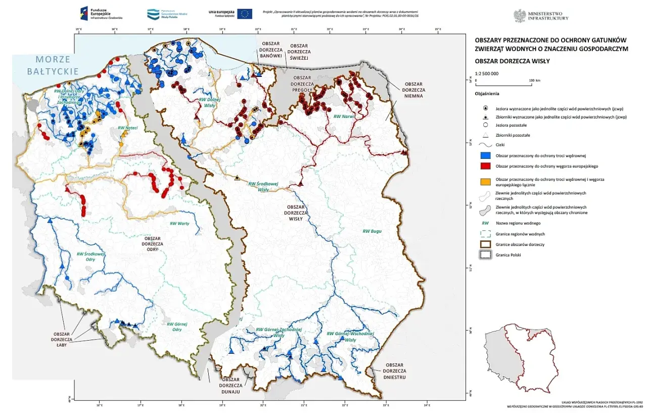 Mapa przedstawia obszary wodne w Polsce, które są rezerwatami przyrody dla gatunków zwierząt wodnych.
