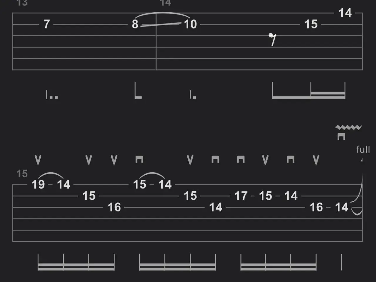 Fragment tabulatury gitarowej z nutami i oznaczeniami, w tym "fade to black tab".