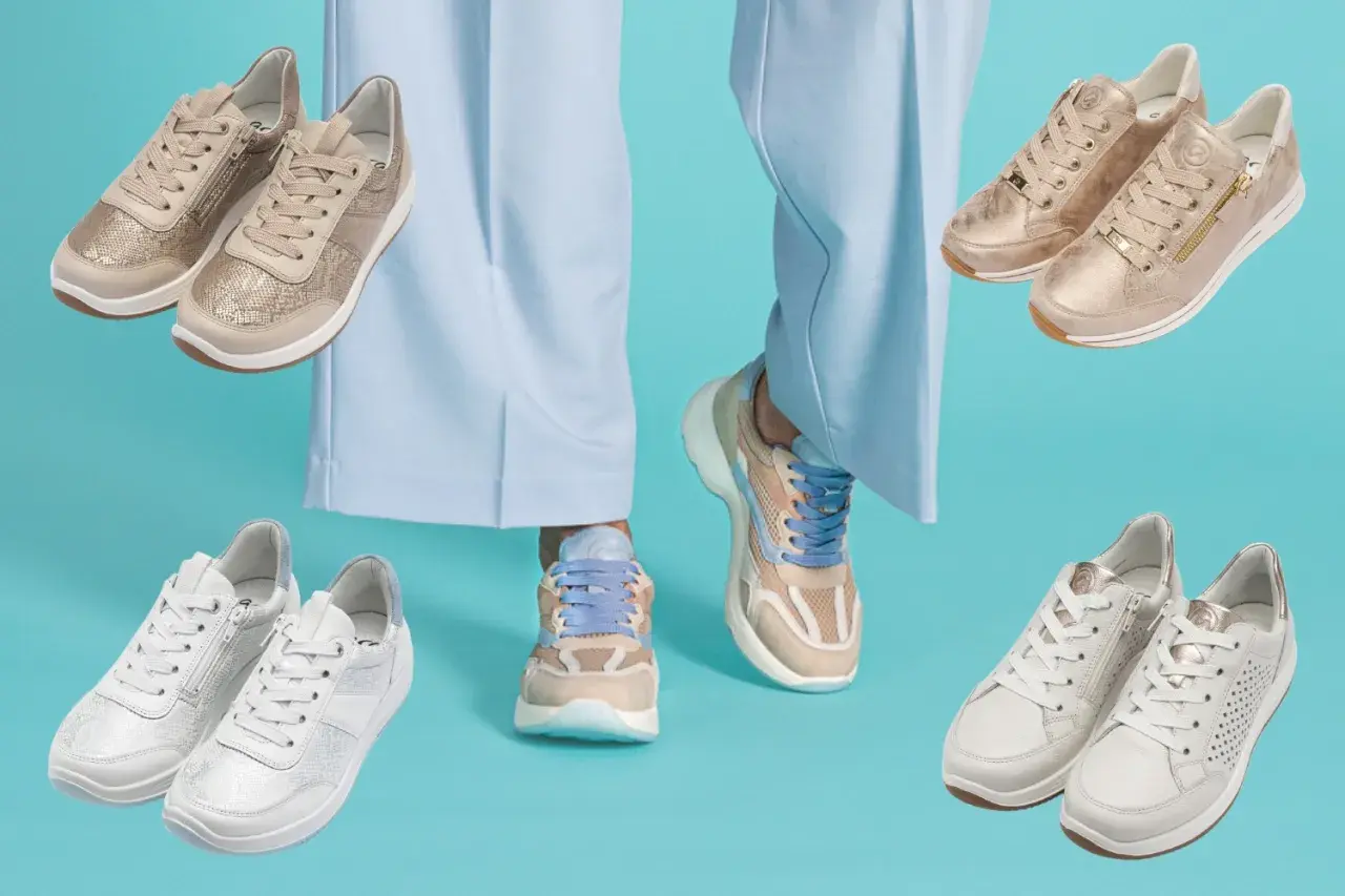 Kolekcja butów damskich: złote, białe i beżowe sneakersy. Wygodne, szerokie w palcach buty na co dzień.