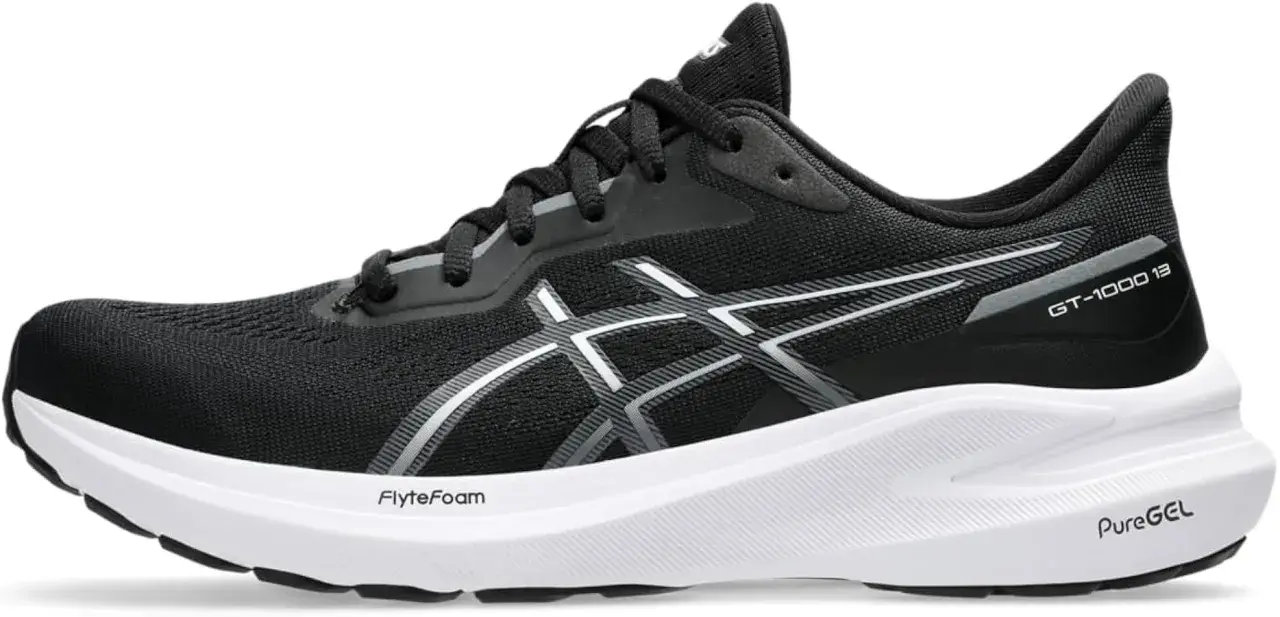 Scarpa da running Asics GT-1000 13 donna, nera con dettagli argento e suola bianca. Ideale per ogni corsa.