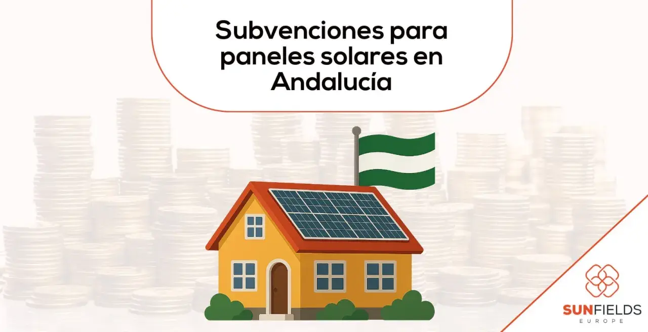 Casa con paneles solares y bandera de Andalucía. Información sobre subvencion placas solares en Andalucía.