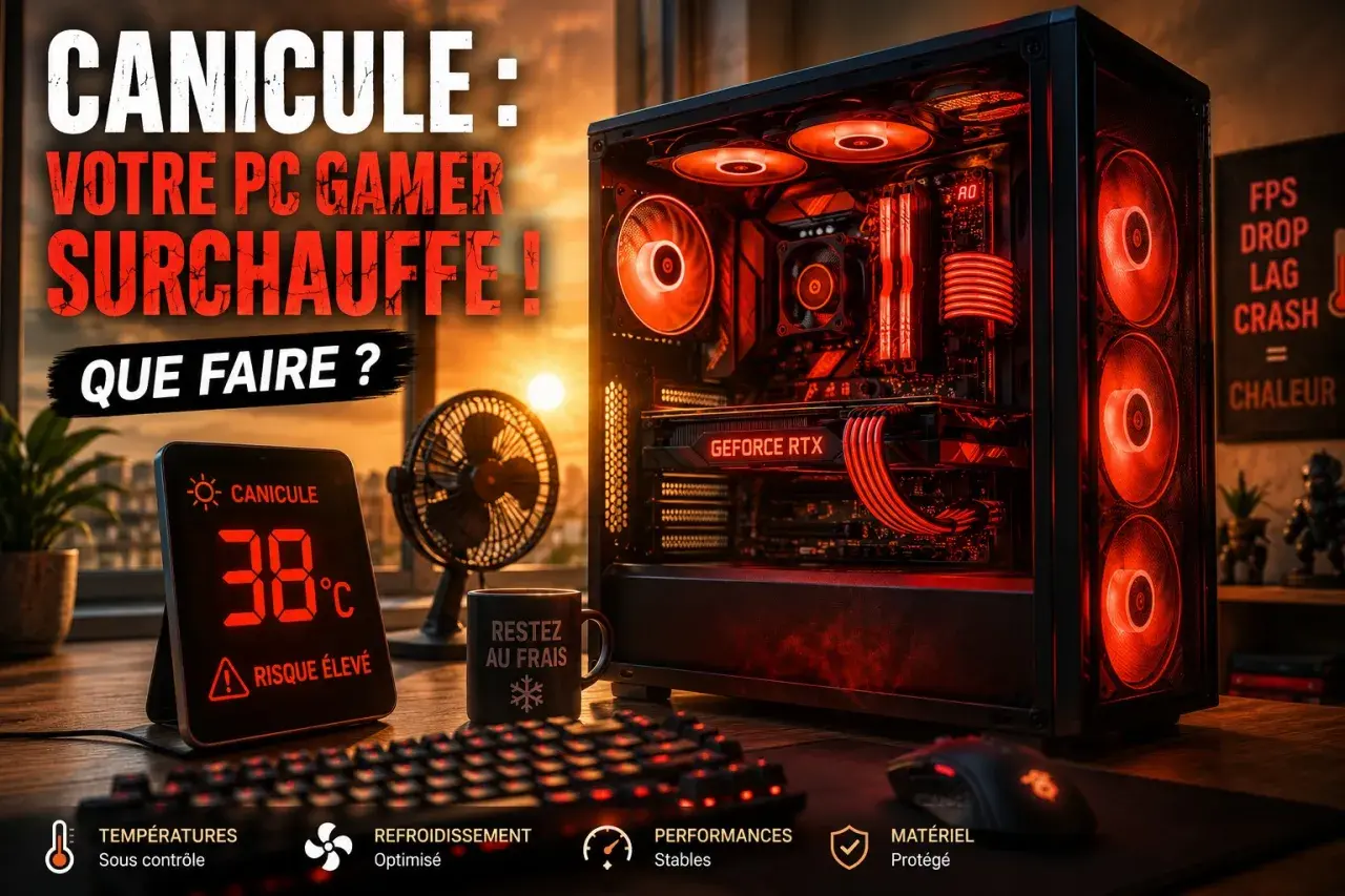 Un PC gamer rougeoyant surchauffe. Un thermomètre affiche 38°C. Conseils pour l'entretien de votre PC gamer en cas de canicule.