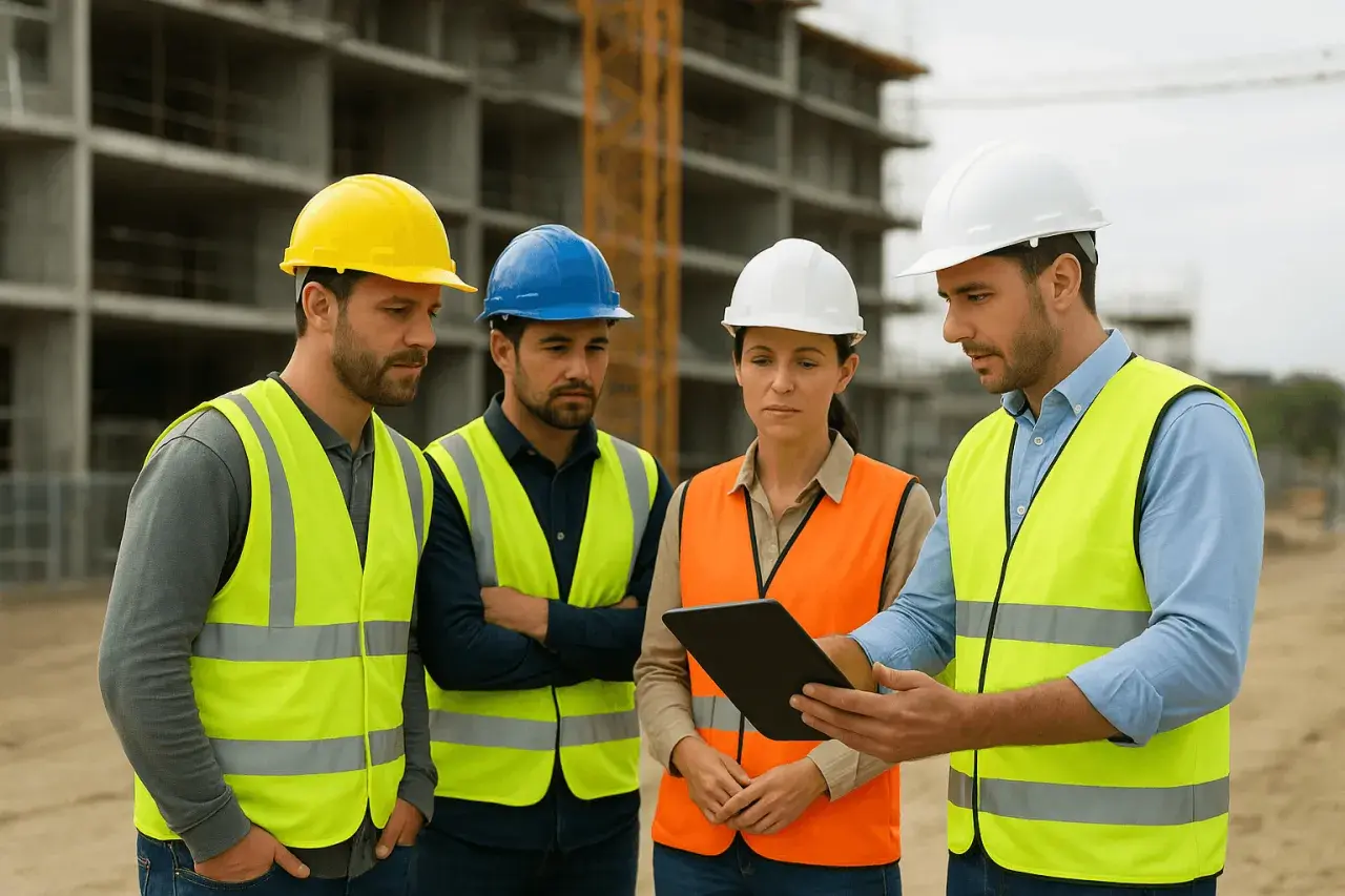Équipe d'ingénieurs discutant sur un ged chantier, casques et gilets de sécurité, tablette à la main.