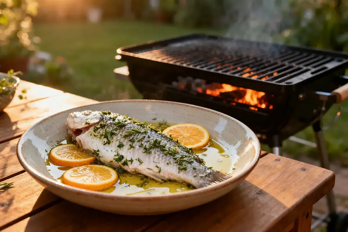 Poisson entier prêt pour le barbecue, baignant dans une marinade savoureuse avec des rondelles d'orange et des herbes. Le gril rougeoie en arrière-plan.