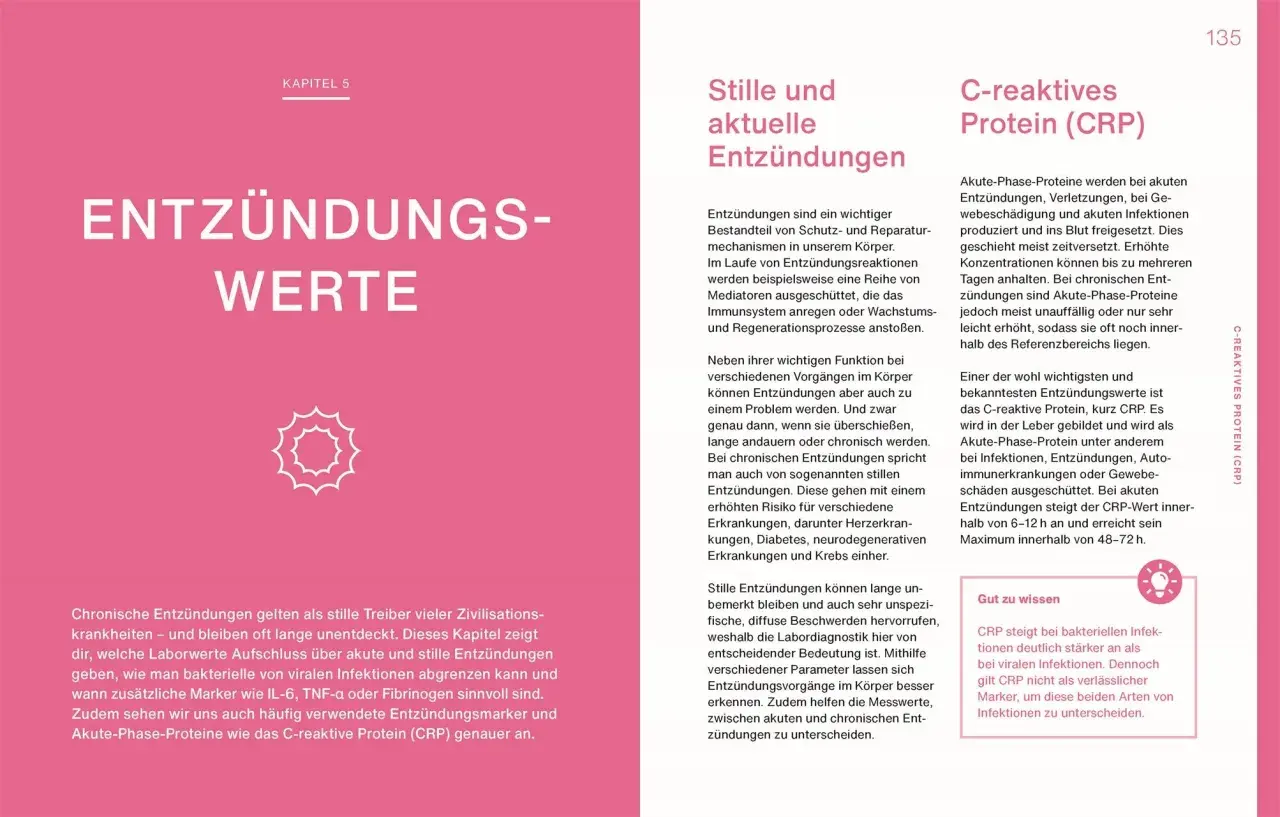Kapitel 5 erklärt Entzündungswerte, darunter das C-reaktive Protein (CRP), ein wichtiges kleines Blutbild für Leberwerte und Entzündungen.