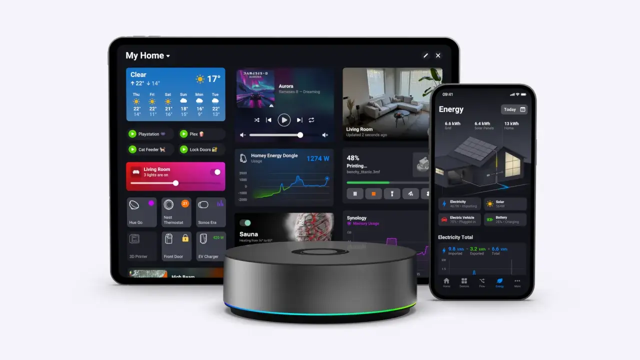 Dispositivo central para el hogar inteligente, mostrando cómo funciona Zigbee en una interfaz intuitiva de tablet y móvil.