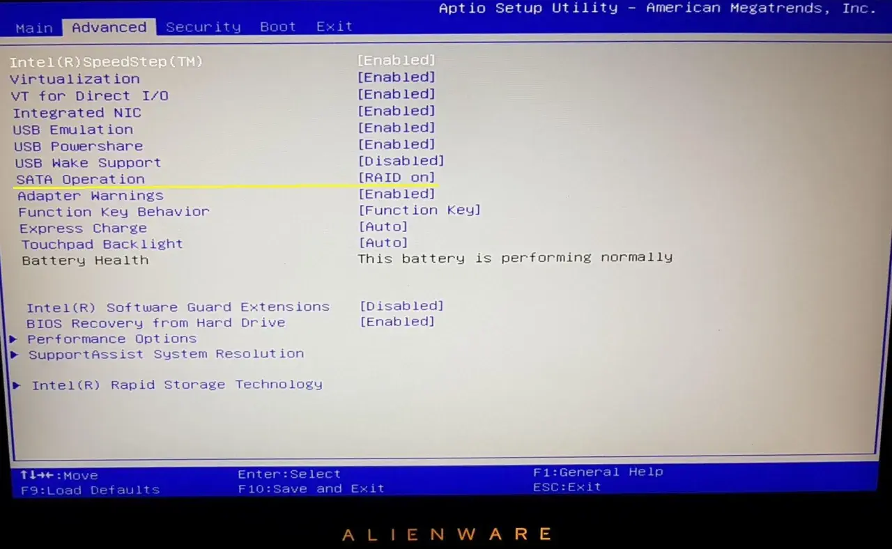 BIOS-Einstellungen zeigen SATA Operation auf RAID on, was für die Konfiguration von SATA-Geräten im RAID-Modus wichtig ist.