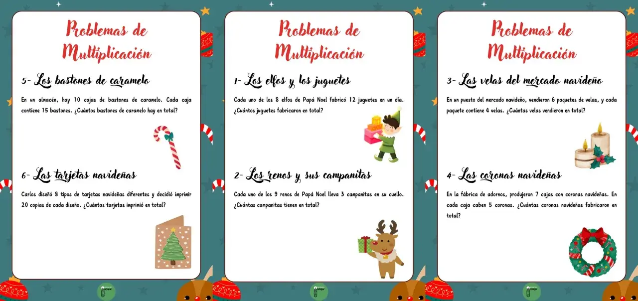 Problemas de multiplicación navideña: elfos, renos, bastones de caramelo, velas y coronas.