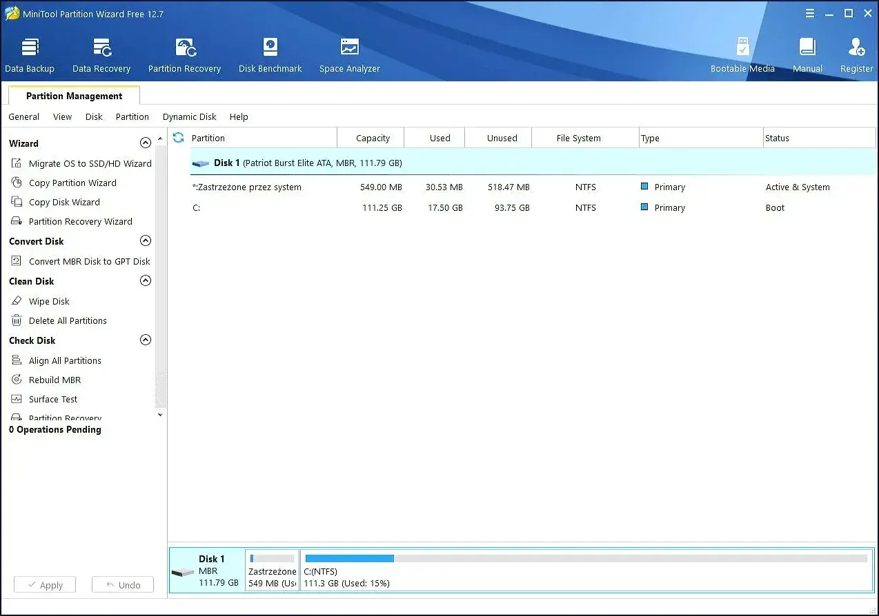 Jak podzielić dysk na partycje Windows 11? Program MiniTool Partition Wizard pokazuje partycje dysku C: i systemową.