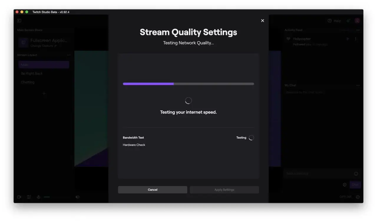 Twitch Studio testet die Netzwerkqualität und die Upload-Geschwindigkeit für Streams.