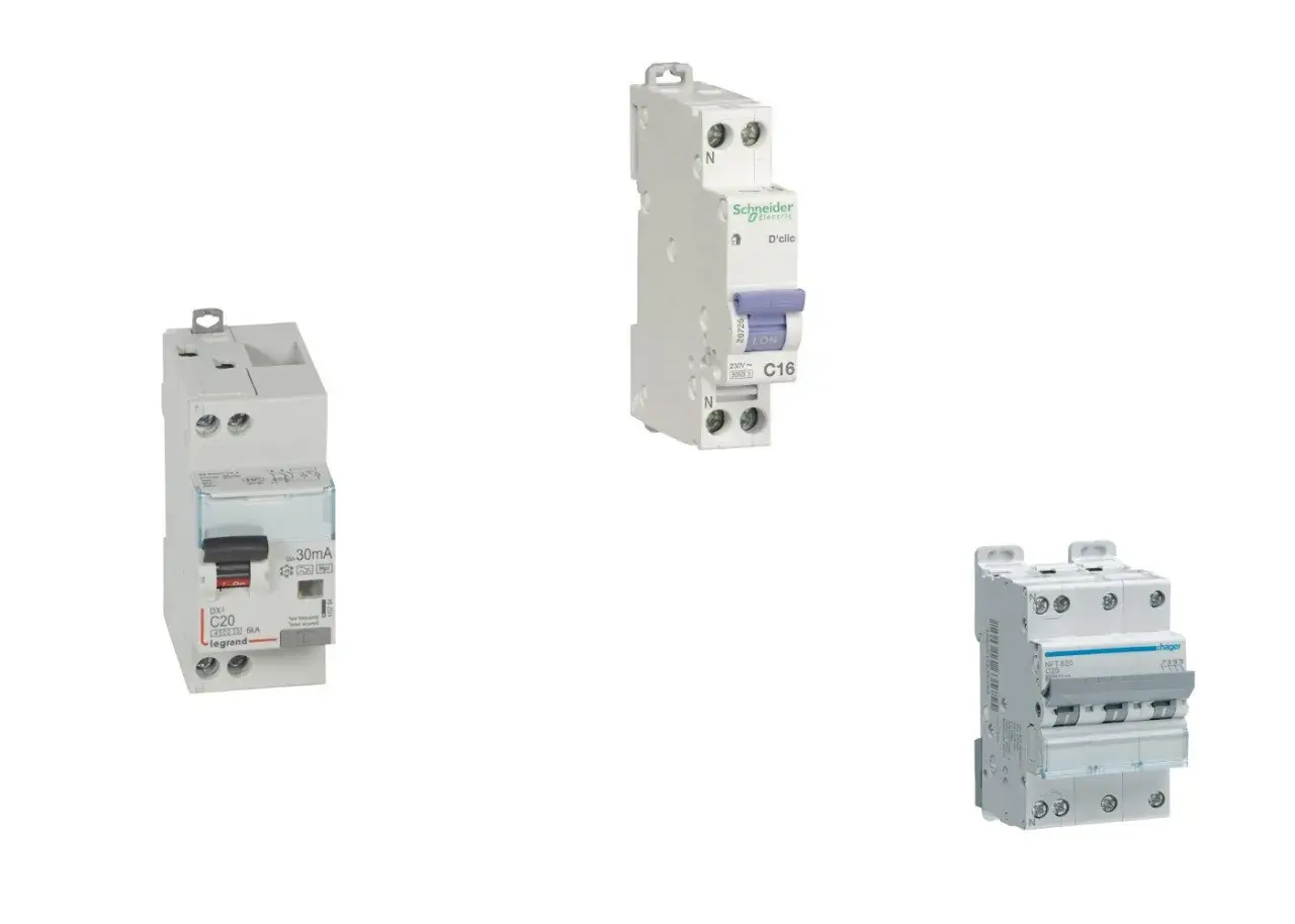 Trois disjoncteurs magnéto thermiques de marques Legrand, Schneider Electric et Hager, essentiels pour la sécurité électrique.