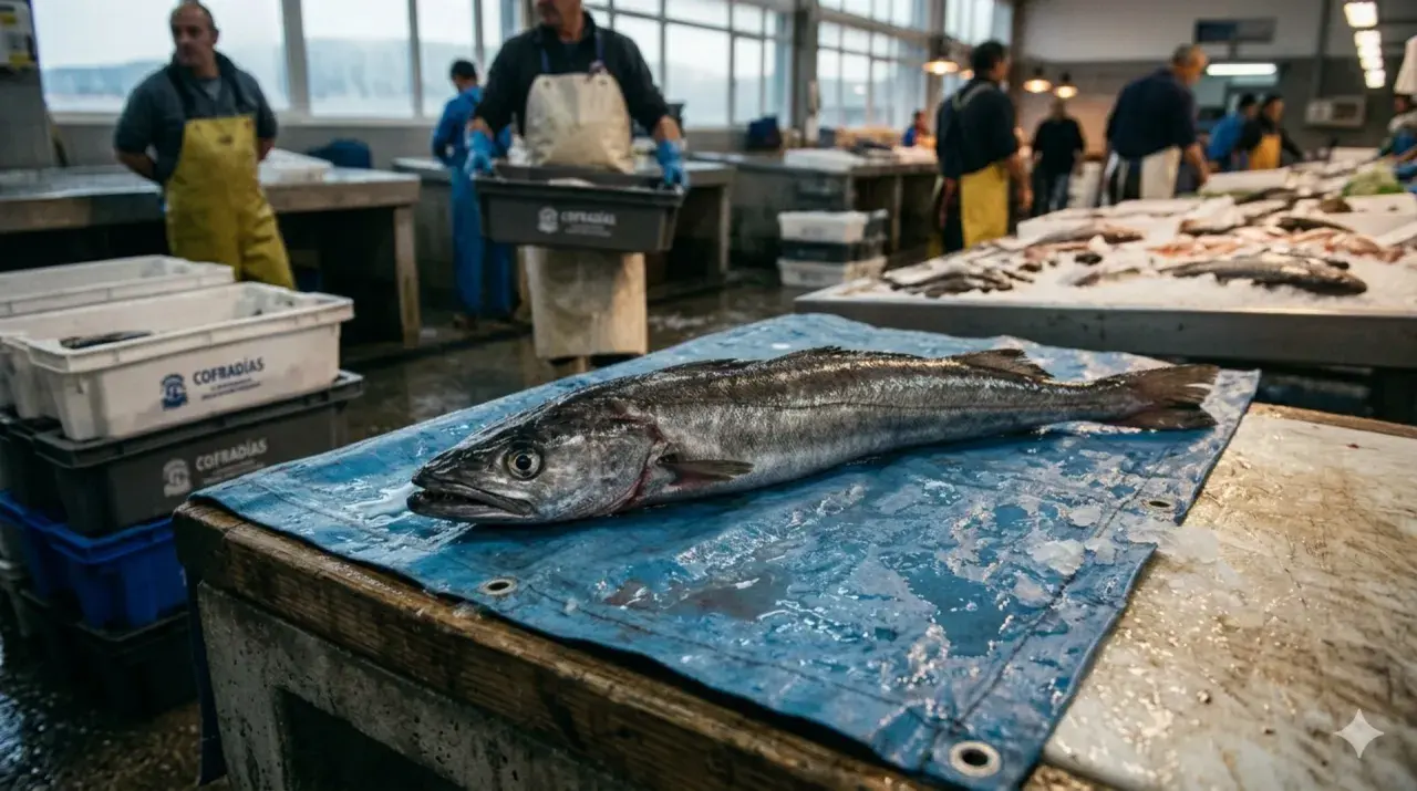 Un gran pez yace sobre un mantel azul en una lonja. Hombres con delantales trabajan en el fondo, rodeados de cajas y pescado fresco. La escena evoca la actividad de la enmalle pesca.