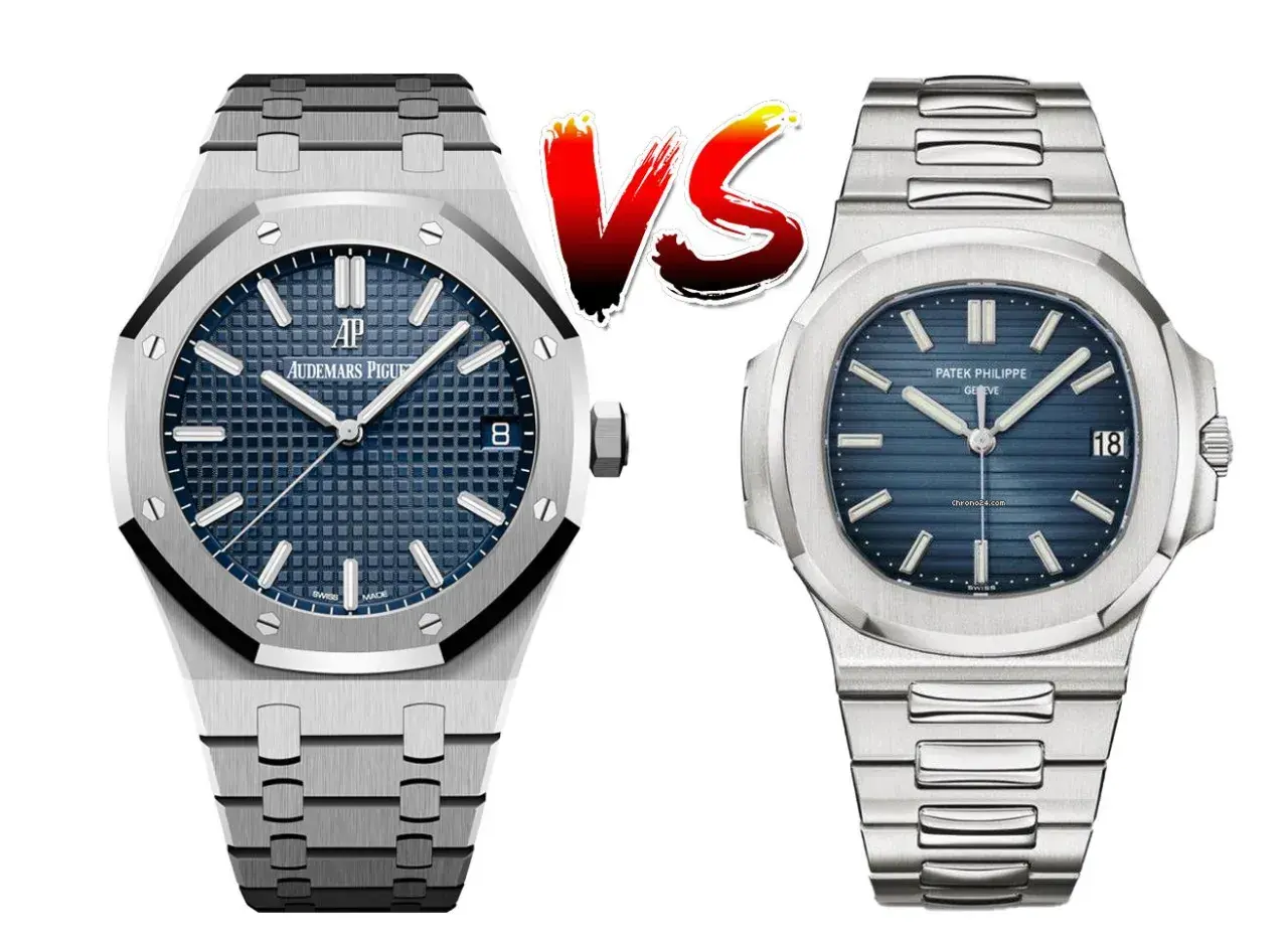 Audemars Piguet vs Patek Philippe: dos relojes de lujo icónicos, ambos con esferas azules y brazaletes de acero.