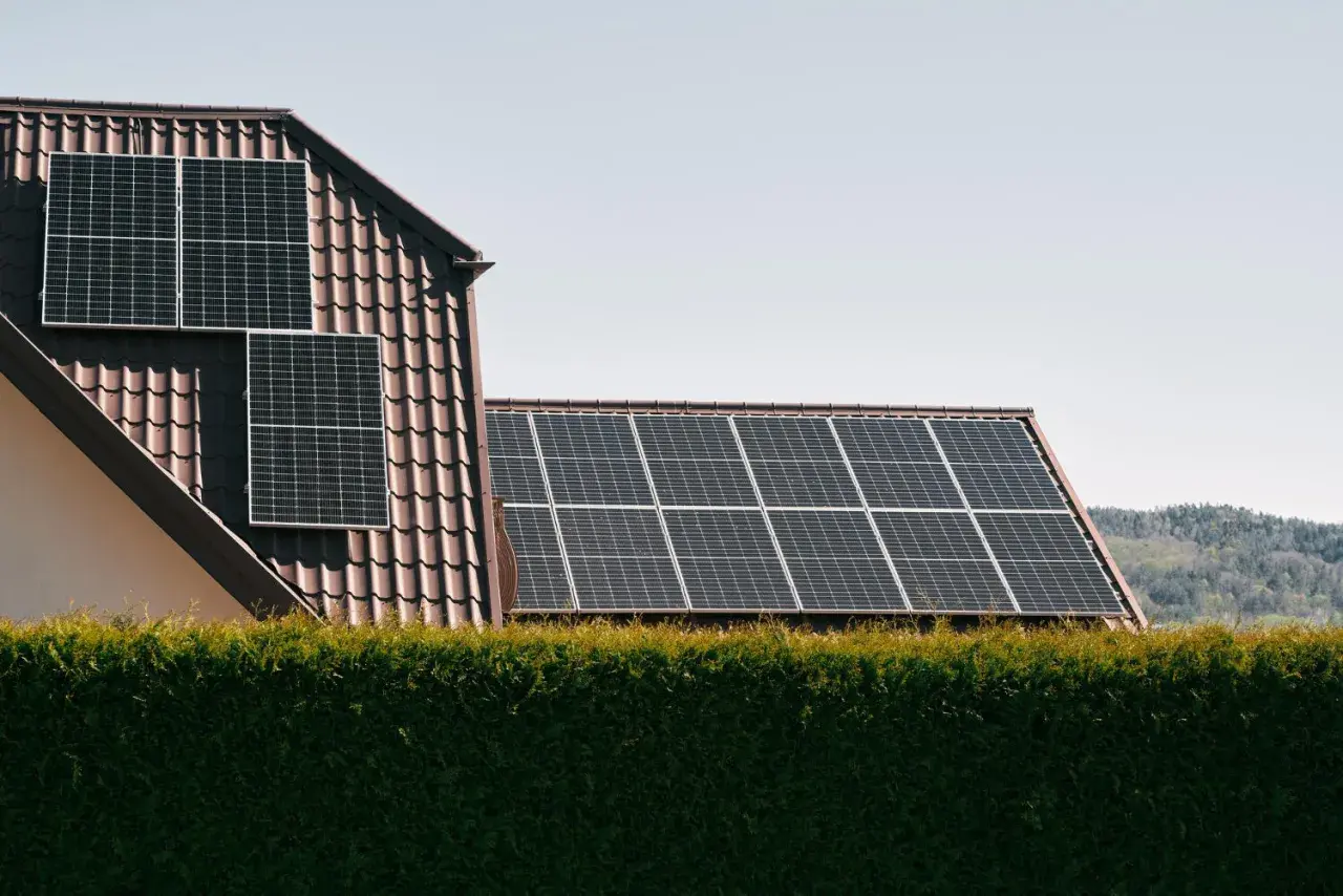 Panele słoneczne na dachu domu, zapewniające czystą energię. W tle las, a na pierwszym planie żywopłot. System jest też zabezpieczony odgromnikiem.