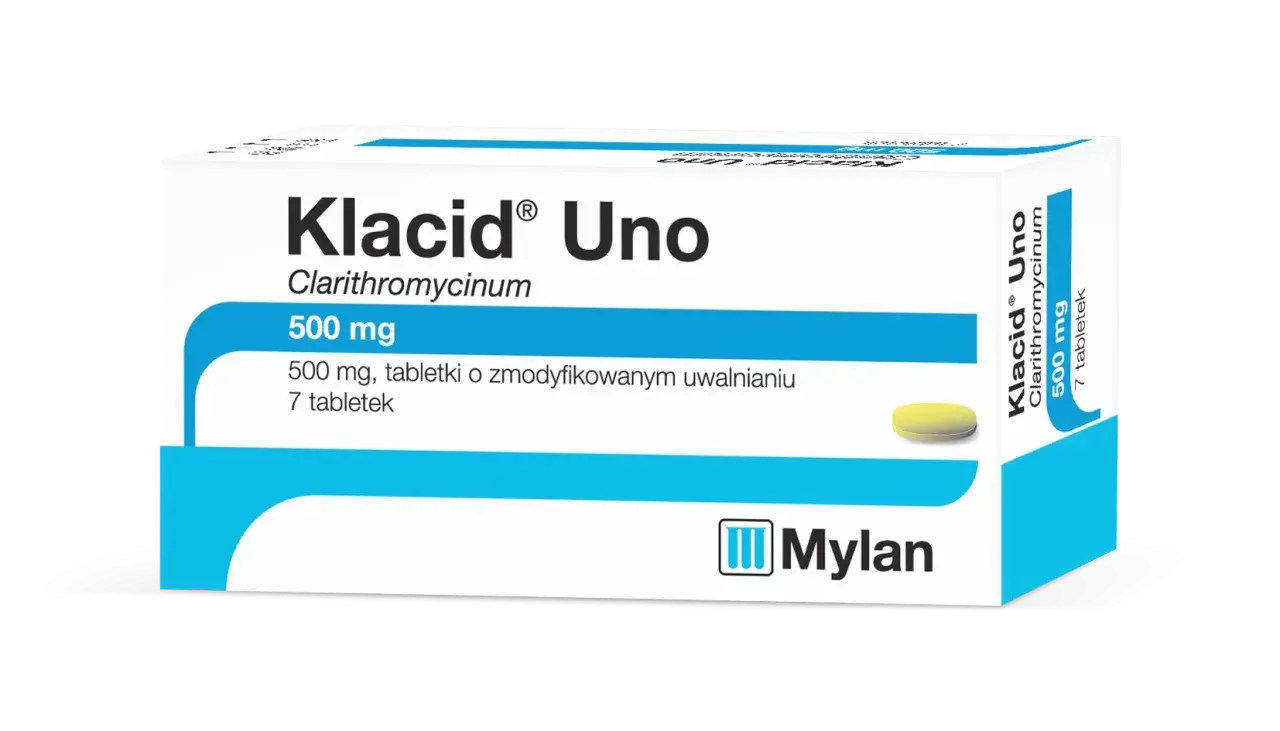 Opakowanie leku Klacid Uno 500 mg z jedną tabletką. Klacid to antybiotyk.