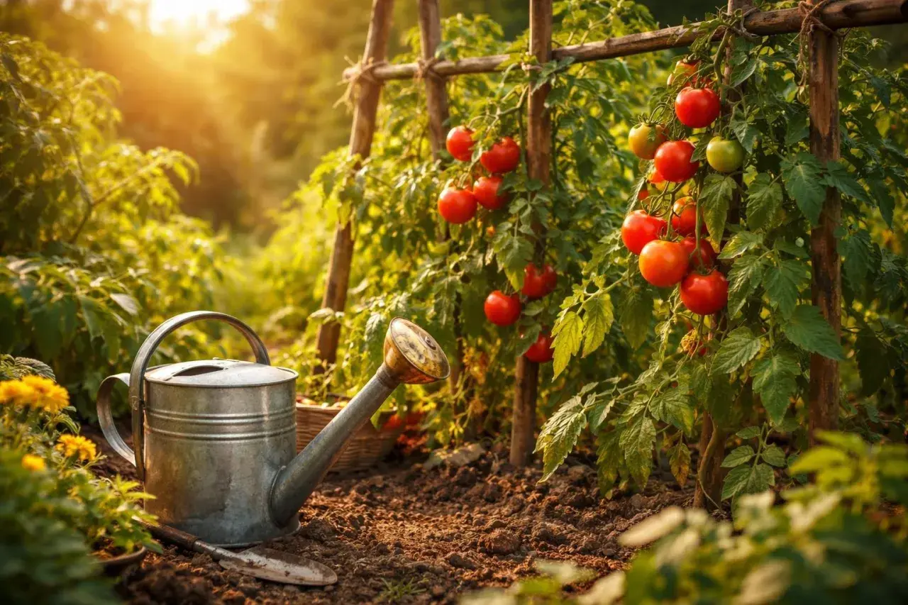 Sonnenbeschienene Tomatenpflanzen mit reifen Früchten, Gießkanne und Schaufel im Garten. Tomaten selber pflanzen macht Freude!